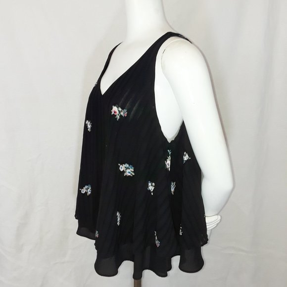Vintage Metaphor Black Lined Striped Floral Flowy Circle Tank Top XL - Picture 2 of 6